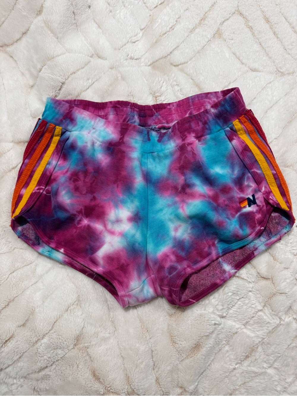 Aviator Nation Tie-Dye Purple & Blue Athletic Shorts with Yellow-Orange Stripes